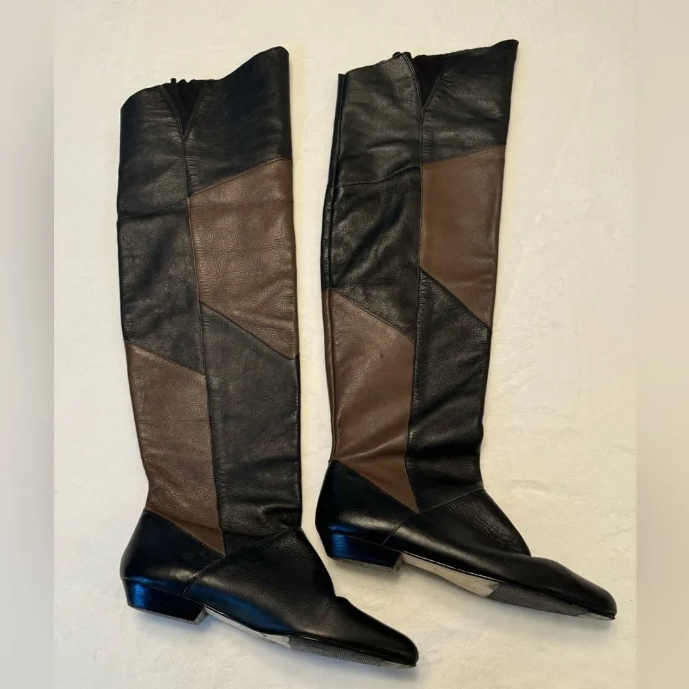 Genuine Leather Over The Knee Women’s Black And Brown Boots Size 8 Handmade